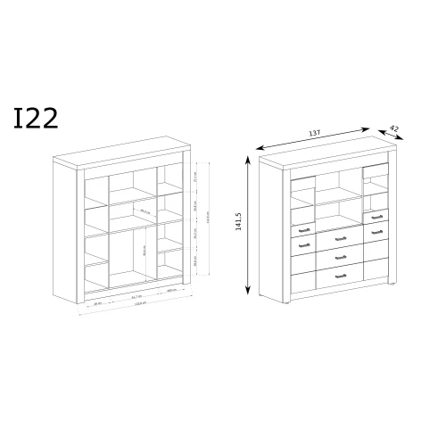 Komoda Indianapolis I-22 Kraft Biały – rysunek techniczny z wymiarami