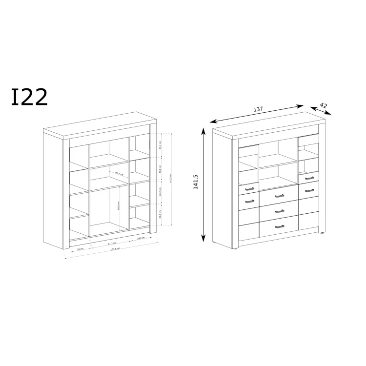 Komoda Indianapolis I-22 Kraft Biały – rysunek techniczny z wymiarami