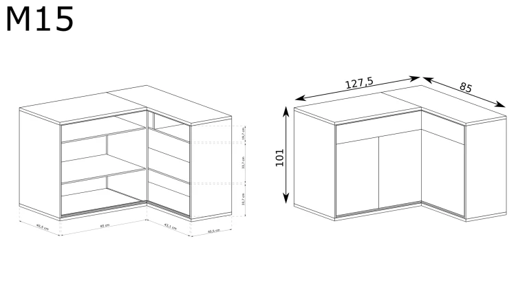 Komoda Mediolan M-15 Odwrotna Hikora – rysunek techniczny z wymiarami