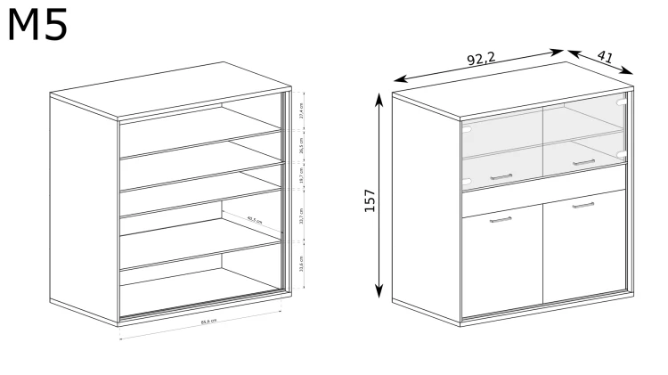 Komoda-Witryna Mediolan M-5 Hikora – rysunek techniczny z wymiarami
