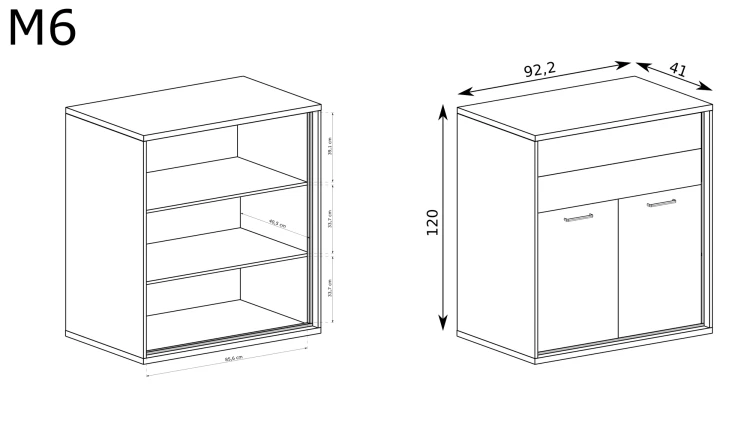 Komoda Mediolan M-6 Hikora – rysunek techniczny z wymiarami