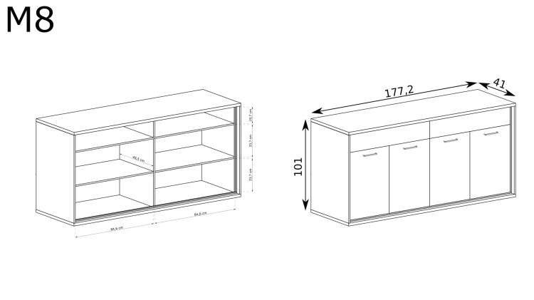 Komoda Mediolan M-8 Hikora – rysunek techniczny z wymiarami