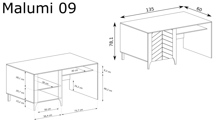 Biurko Malumi MM-9 Czarny Painflow – rysunek techniczny z wymiarami