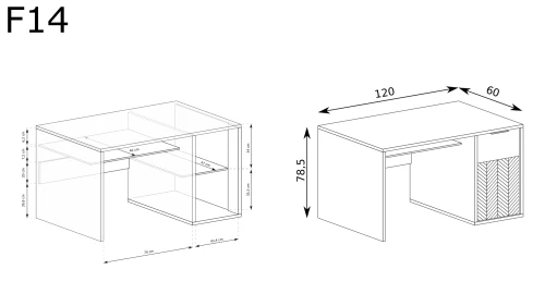 Biurko Fonti F-14 Caramel Oak – rysunek techniczny z wymiarami