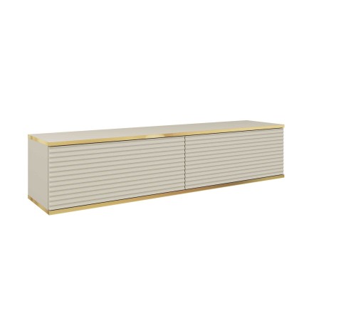 Beżowa szafka pod telewizor Oro RTV135 wisząca, ryflowane fronty MDF, złote obrzeże ABS, szerokość 135 cm