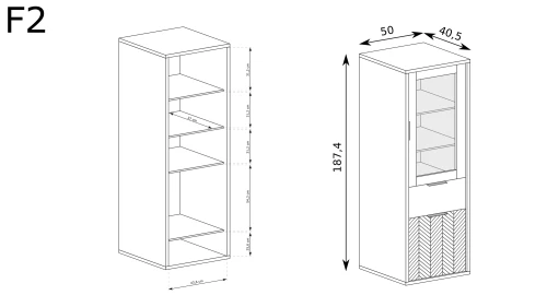 Witryna Fonti F-2 Caramel Oak – rysunek techniczny z wymiarami