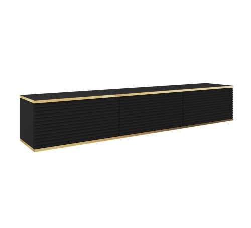 Wisząca czarna szafka pod telewizor Oro RTV175, ryflowane fronty MDF, złote obrzeże ABS, szerokość 175 cm