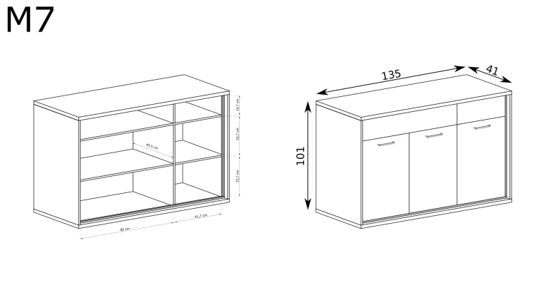 Komoda Mediolan M-7 Hikora – rysunek techniczny z wymiarami