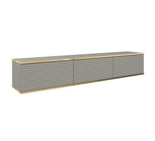 Wisząca szara szafka pod telewizor Oro RTV175, ryflowane fronty MDF, złote obrzeże ABS, szerokość 175 cm