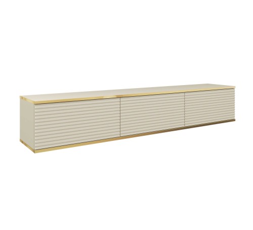 Wisząca beżowa szafka pod telewizor Oro RTV175, ryflowane fronty MDF, złote obrzeże ABS, szerokość 175 cm