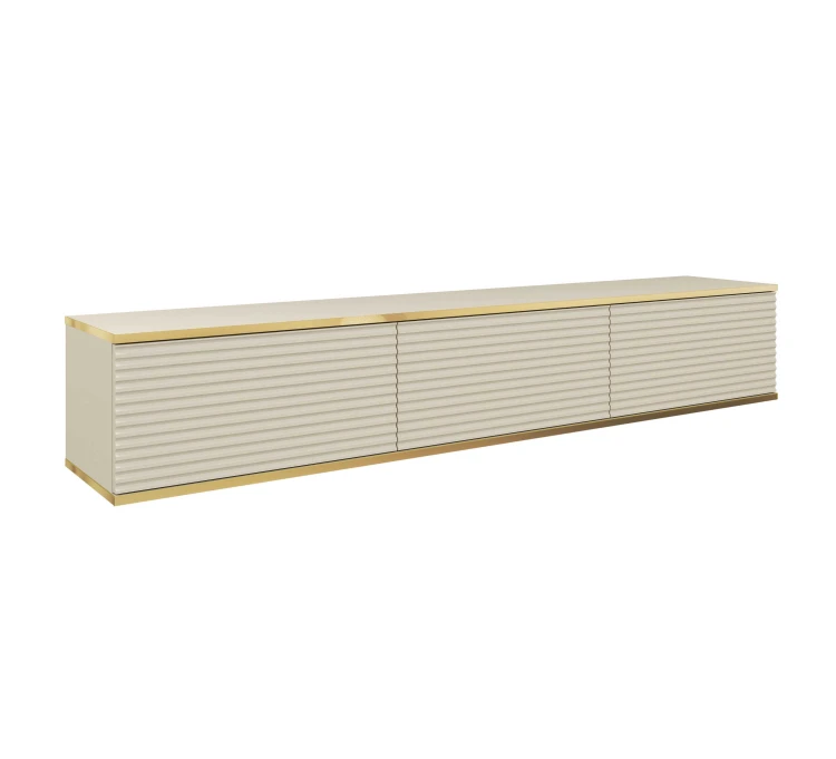 Wisząca beżowa szafka pod telewizor Oro RTV175, ryflowane fronty MDF, złote obrzeże ABS, szerokość 175 cm