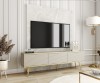 Beżowa szafka pod telewizor Oro RTV175 w salonie, wersja stojąca na eleganckich metalowych nóżkach w kolorze złotym, ryflowany front MDF