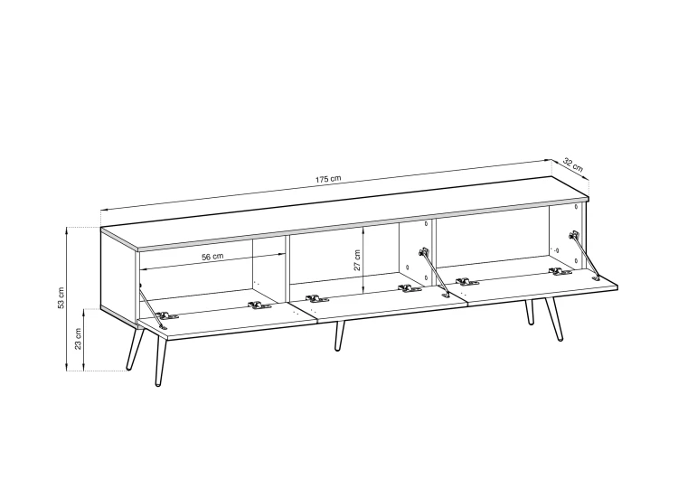 Rysunek techniczny wiszącej szafki Oro RTV175: szerokość 175 cm, wysokość 30 cm, głębokość 32 cm