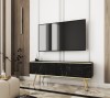 Marmurowa szafka pod telewizor Oro RTV135 w salonie, wersja stojąca na eleganckich metalowych nóżkach w kolorze złotym, gładki front
