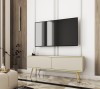 Beżowa szafka pod telewizor Oro RTV135 w salonie, wersja stojąca na eleganckich metalowych nóżkach w kolorze złotym, gładki front