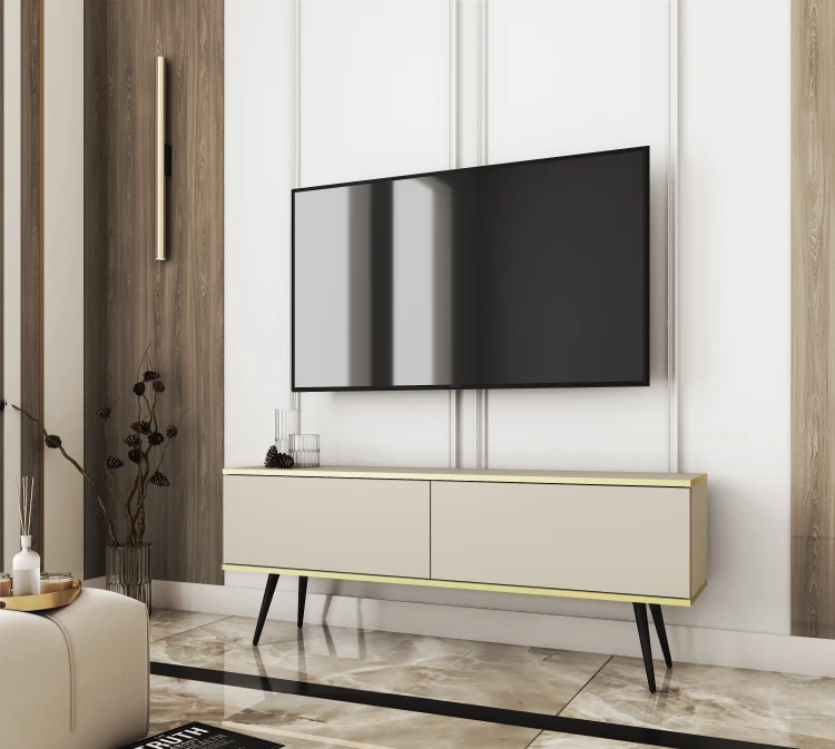 Beżowa szafka pod telewizor Oro RTV135 w salonie, wersja stojąca na eleganckich metalowych nóżkach w kolorze czarnym, gładki front