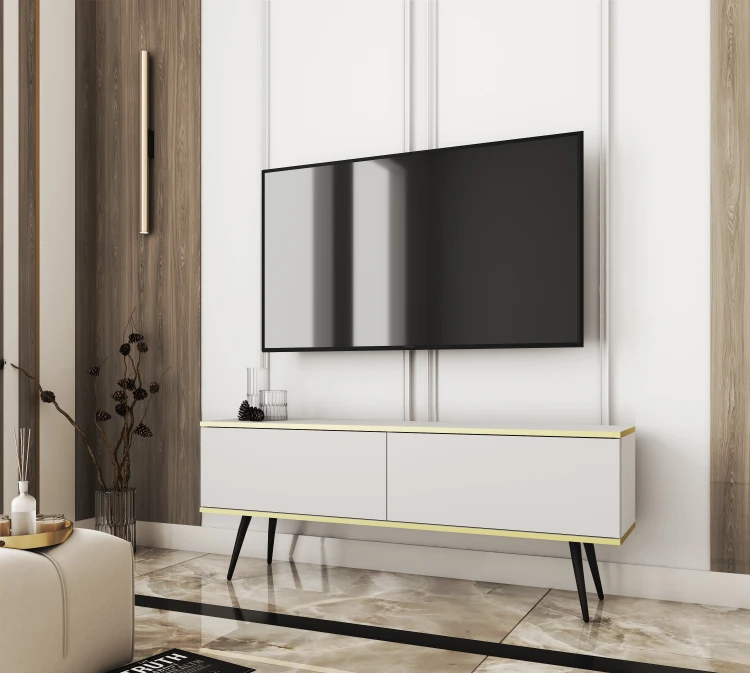 Białaszafka pod telewizor Oro RTV135 w salonie, wersja stojąca na eleganckich metalowych nóżkach w kolorze czarnym, gładki front