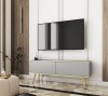 Szara szafka pod telewizor Oro RTV135 w salonie, wersja stojąca na eleganckich metalowych nóżkach w kolorze złotym, gładki front