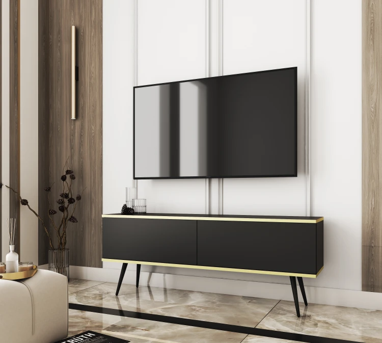 Czarna szafka pod telewizor Oro RTV135 w salonie, wersja stojąca na eleganckich metalowych nóżkach w kolorze czarnym, gładki front