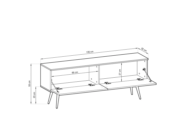 Rysunek techniczny 2 marmurowej szafki pod telewizor Oro RTV135: szerokość 135 cm, wysokość 30 cm, głębokość 32 cm