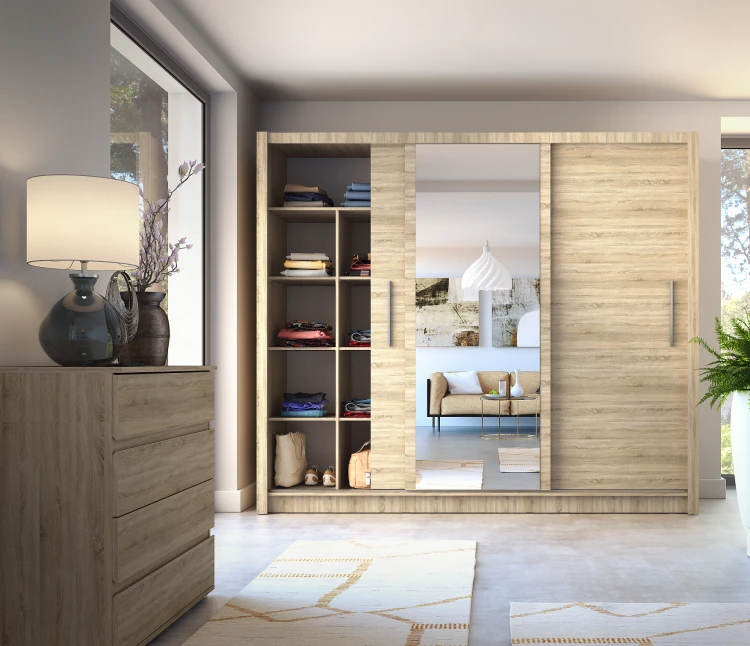 Szafa BAKU 13, 3 drzwi, dąb sonoma, 248 cm – aranżacja wnętrza