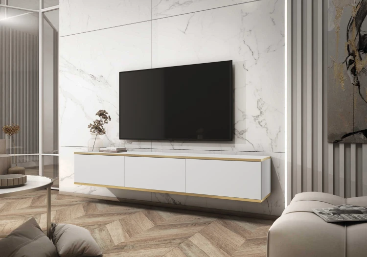 Aranżacja nowoczesnego salonu z wiszącą białą szafką pod telewizor Oro RTV175, gładkie fronty i złote obrzeże, szerokość 175 cm