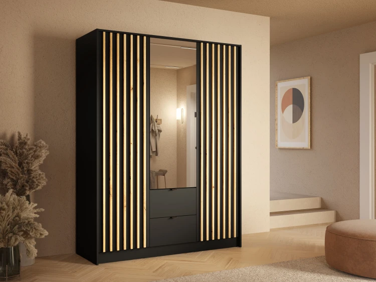 Szafa KATANIA 19, 3 drzwi, czarny onyx, 151 cm – aranżacja wnętrza