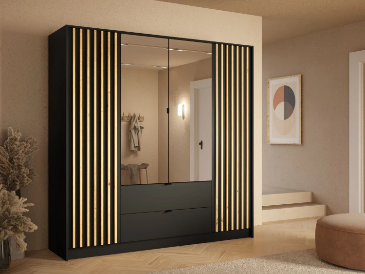 Szafa KATANIA 20, 4 drzwi, czarny onyx, 200 cm – aranżacja wnętrza