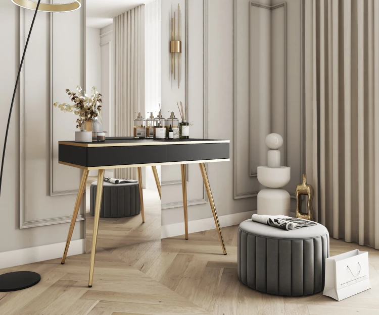 Elegancka czarna toaletka Oro T102 w sypialni glamour jako stolik kosmetyczny