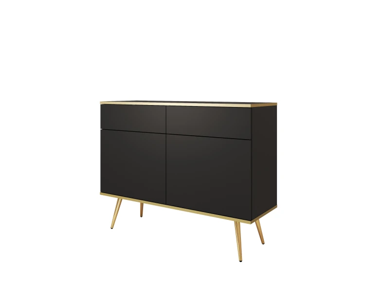 Nowoczesna komoda Oro KSZ107 czarny mat ujęcie pod skosem, widoczna wysokość 85 cm i złote nóżki
