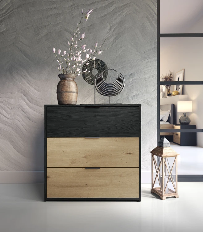 Komoda UPSALA 27, czarny grafitowy/dąb artisan, 80 cm – aranżacja wnętrza