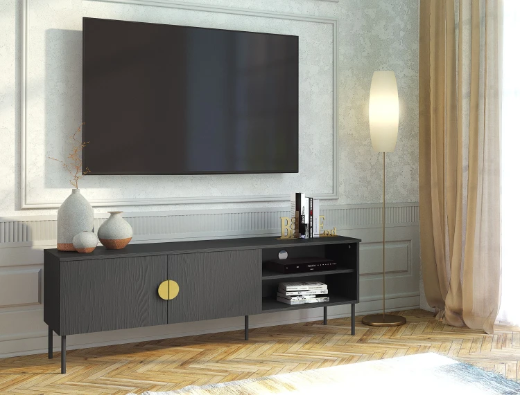 Szafka RTV MOND 08, 2 drzwi, czarny, 160 cm – aranżacja wnętrza