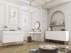 Luksusowa aranżacja salonu w stylu modern glamour prezentująca białe bryły mebli z kolekcji Oro ze złotymi nóżkami i obrzeżami w spójnej, eleganckiej kompozycji