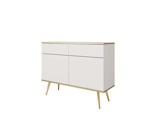 Nowoczesna komoda Oro KSZ107 biały mat ujęcie pod skosem, widoczna wysokość 85 cm i złote nóżki