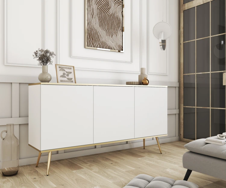 Biała komoda glamour Oro K160 na złotych nogach w eleganckim salonie