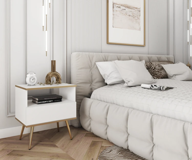 Biała szafka nocna Oro S54 MDF w luksusowej sypialni glamour, obok łóżka tapicerowanego, złote akcenty