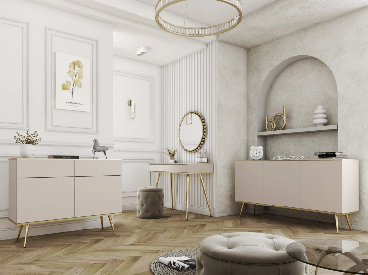 Aranżacja luksusowego salonu w stylu modern glamour prezentująca kompletną kolekcję mebli Oro: beżowe bryły ze złotymi obrzeżami w spójnej, eleganckiej kompozycji