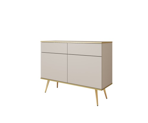Nowoczesna komoda Oro KSZ107 beżowy mat ujęcie pod skosem, widoczna wysokość 85 cm i złote nóżki