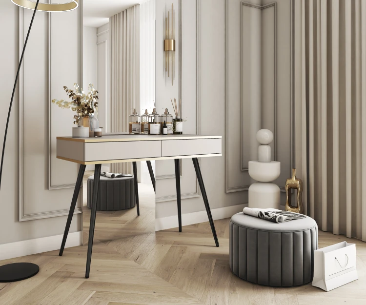 Elegancka beżowa toaletka Oro T102 w sypialni glamour jako stolik kosmetyczny