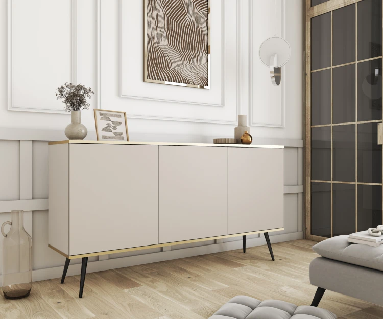 Beżowa komoda glamour Oro K160 na czarnych nogach w eleganckim salonie