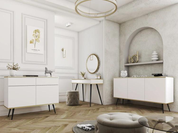 Aranżacja luksusowego salonu w stylu modern glamour prezentująca kompletną kolekcję mebli Oro: białe bryły ze złotymi obrzeżami w spójnej, eleganckiej kompozycji