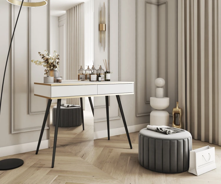 Elegancka biała toaletka Oro T102 w sypialni glamour jako stolik kosmetyczny