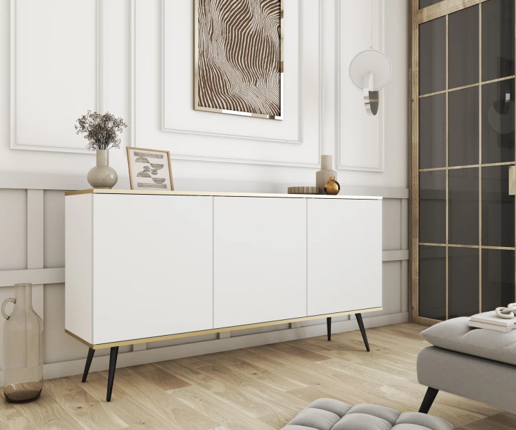 Biała komoda glamour Oro K160 na czarnych nogach w eleganckim salonie