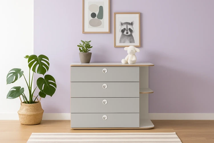 Komoda PINIO 27, szary nowy york, biały, 116 cm – aranżacja wnętrza