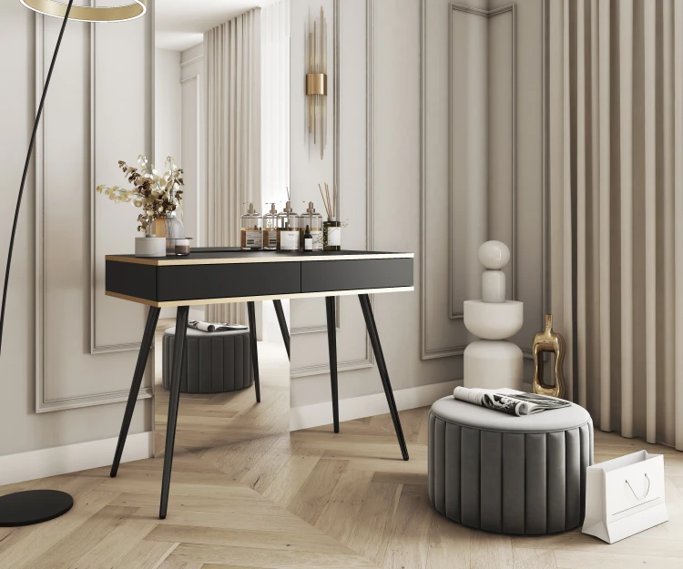 Elegancka czarna toaletka Oro T102 w sypialni glamour jako stolik kosmetyczny