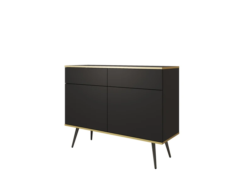 Nowoczesna komoda Oro KSZ107 czarny mat ujęcie pod skosem, widoczna wysokość 85 cm i czarne nóżki