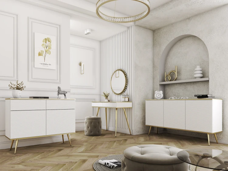 Aranżacja luksusowego salonu w stylu modern glamour prezentująca kompletną kolekcję mebli Oro MDF: białe bryły ze złotymi obrzeżami w spójnej, eleganckiej kompozycji