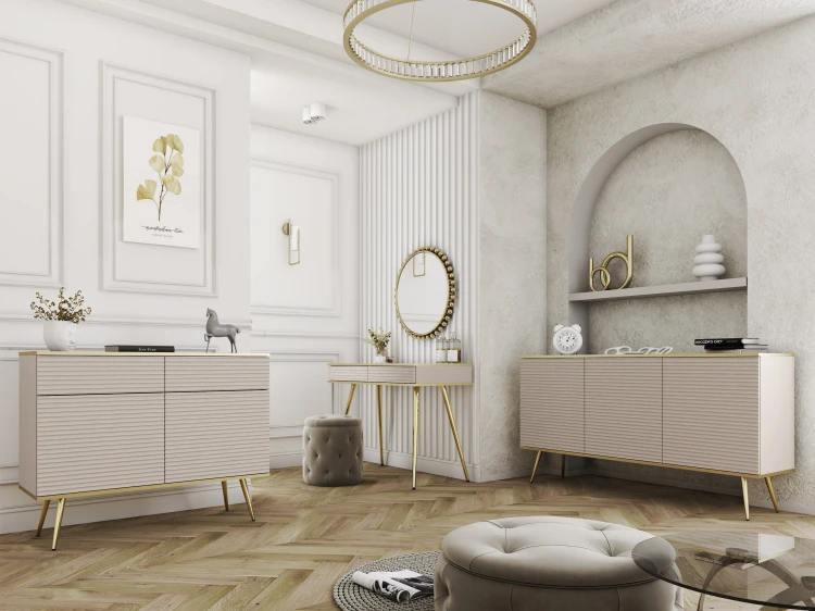 Aranżacja luksusowego salonu w stylu modern glamour prezentująca kompletną kolekcję mebli Oro MDF: beżowe bryły ze złotymi obrzeżami w spójnej, eleganckiej kompozycji