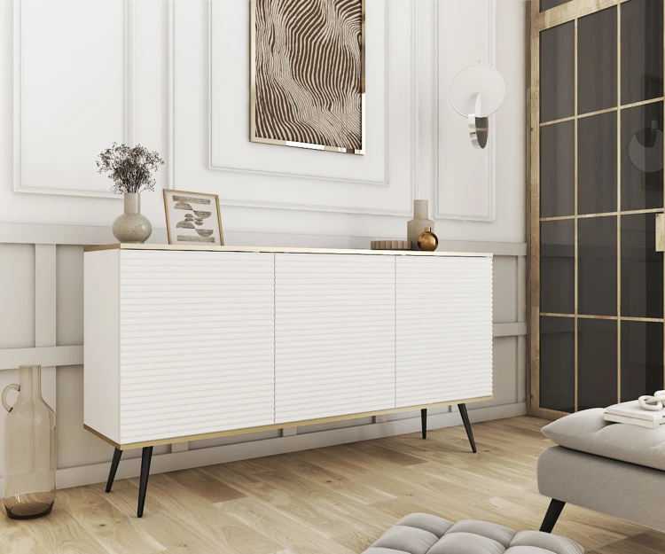 Biała komoda glamour Oro K160 MDF na czarnych nogach w eleganckim salonie