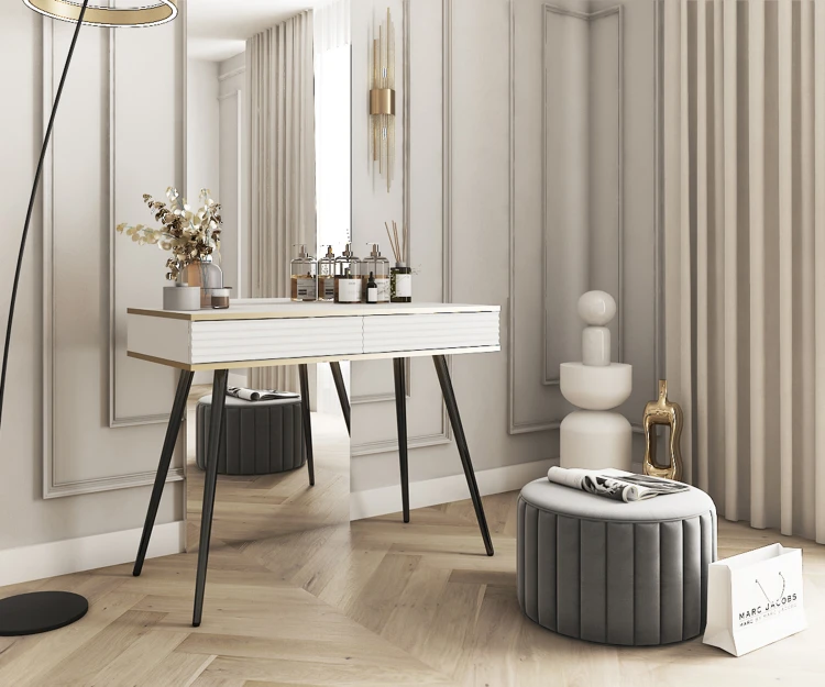 Elegancka biała toaletka Oro T102 MDF w sypialni glamour jako stolik kosmetyczny